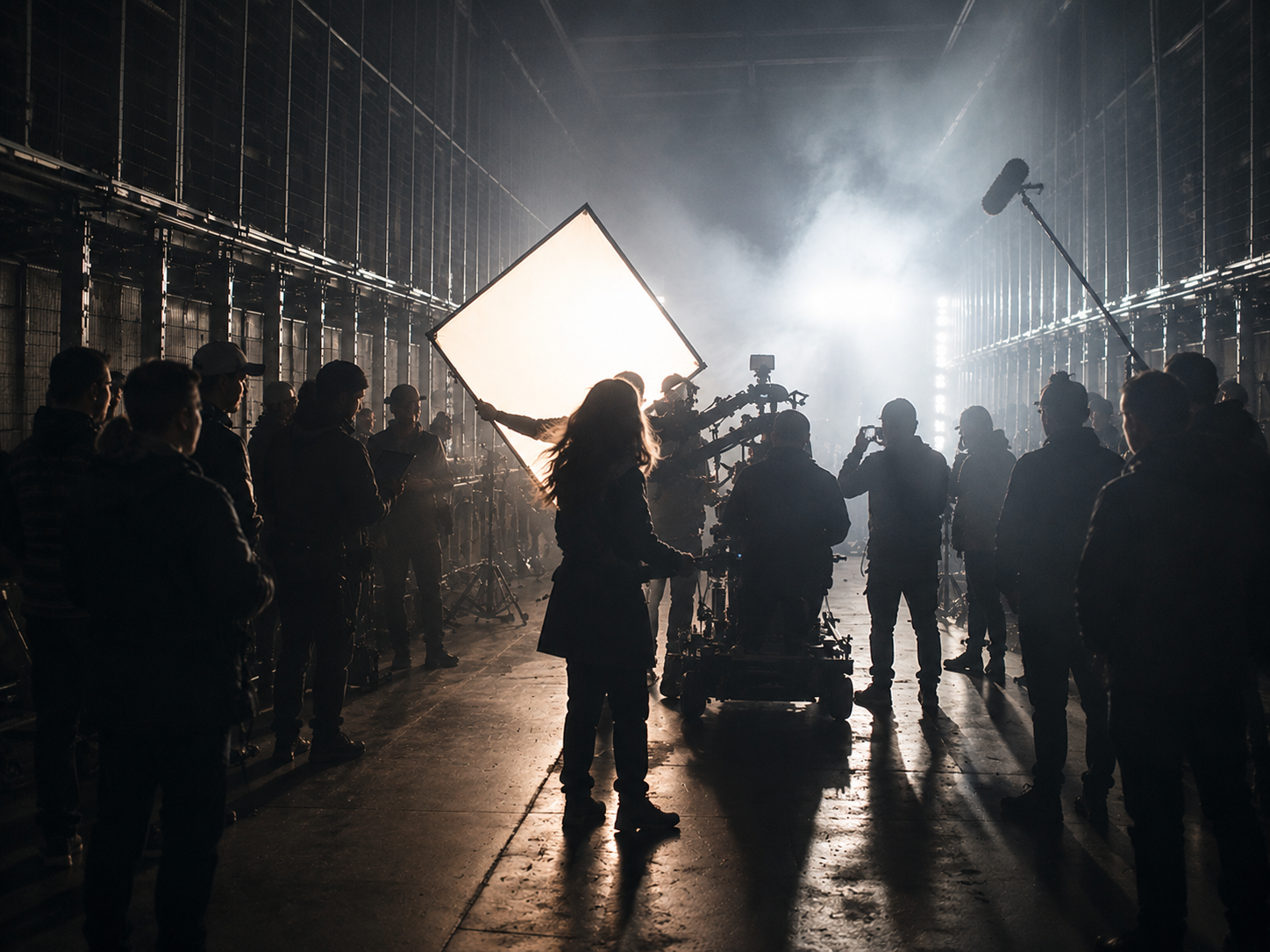 Behind the scenes — silhouetted crew on a backlit soundstage