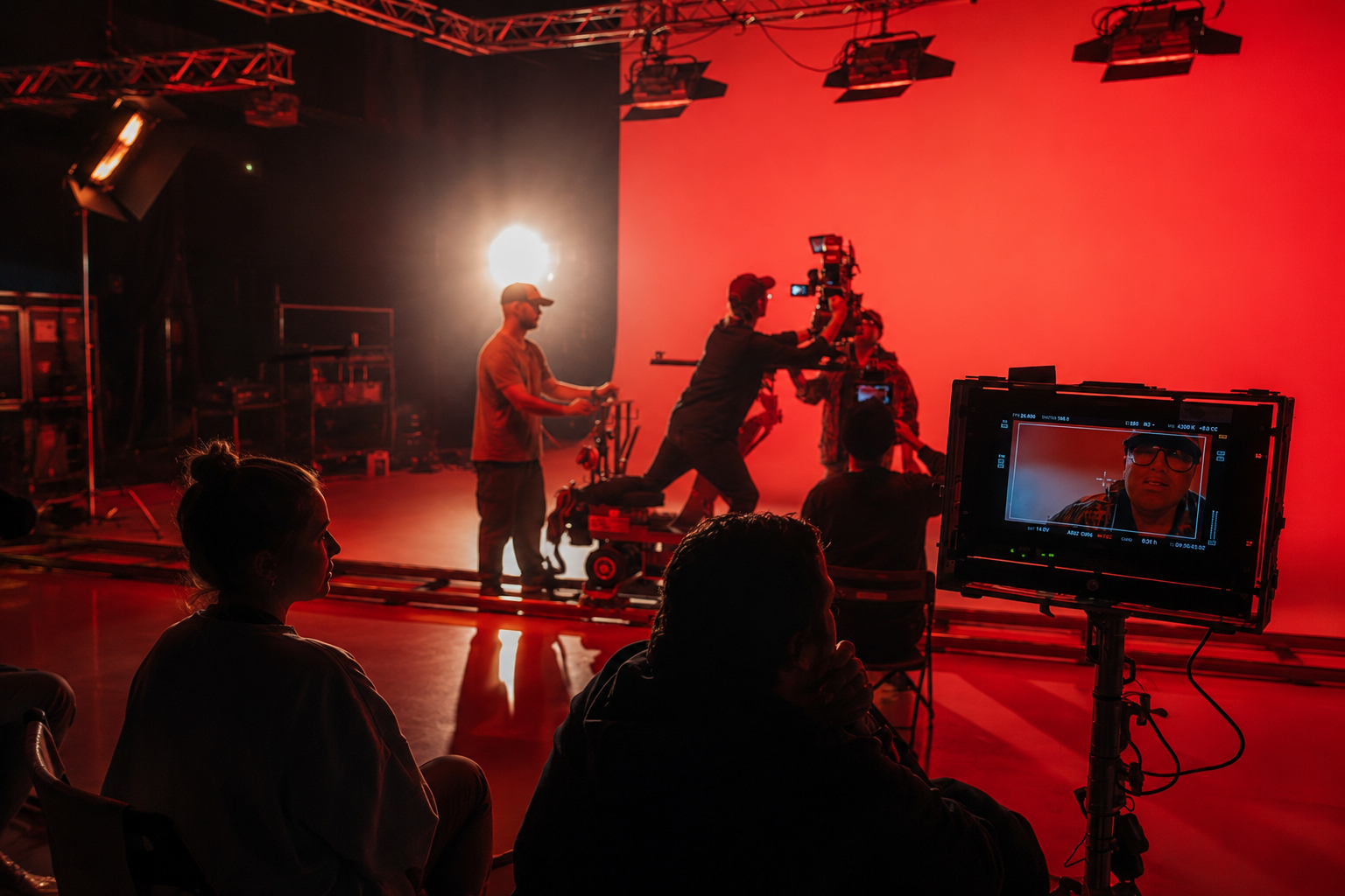 Behind the scenes — music video shoot bathed in red light